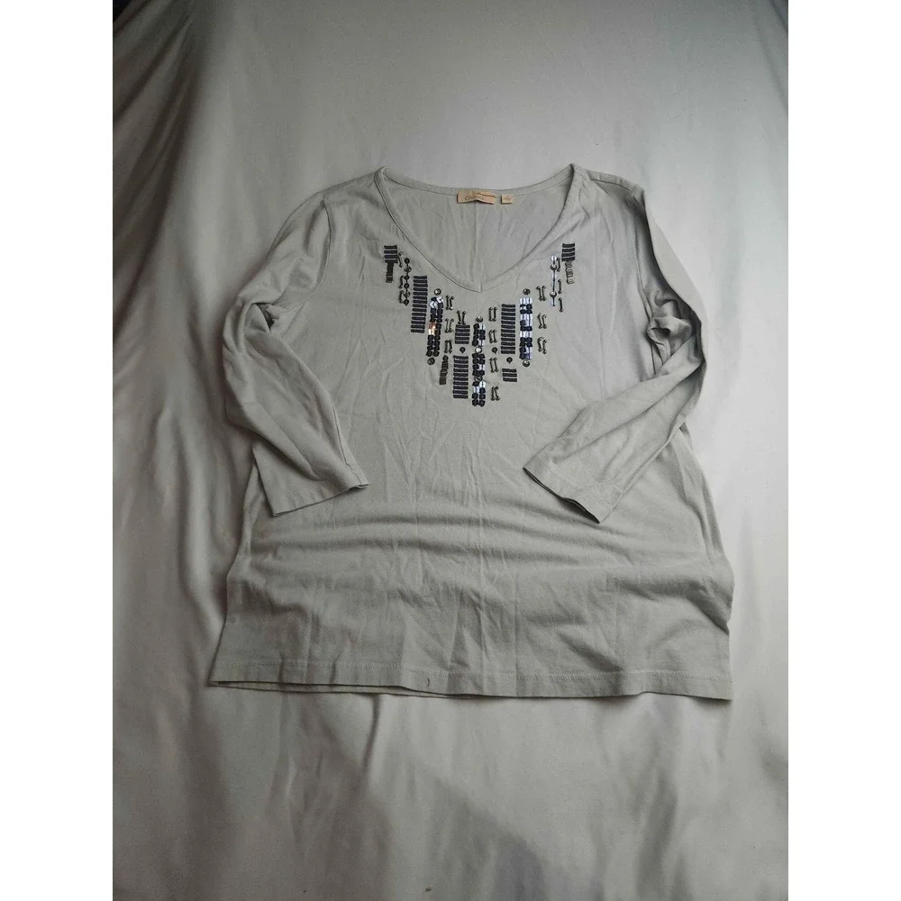 Choices Womens Sage Green V-Neck Sequin Embellished 3/4 Sleeve Top Small